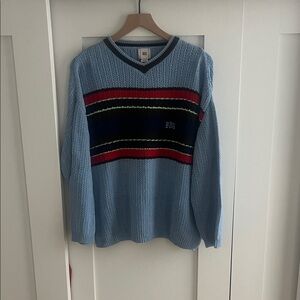 BDG Blue V-Neck Sweater with Red and Black Stripes